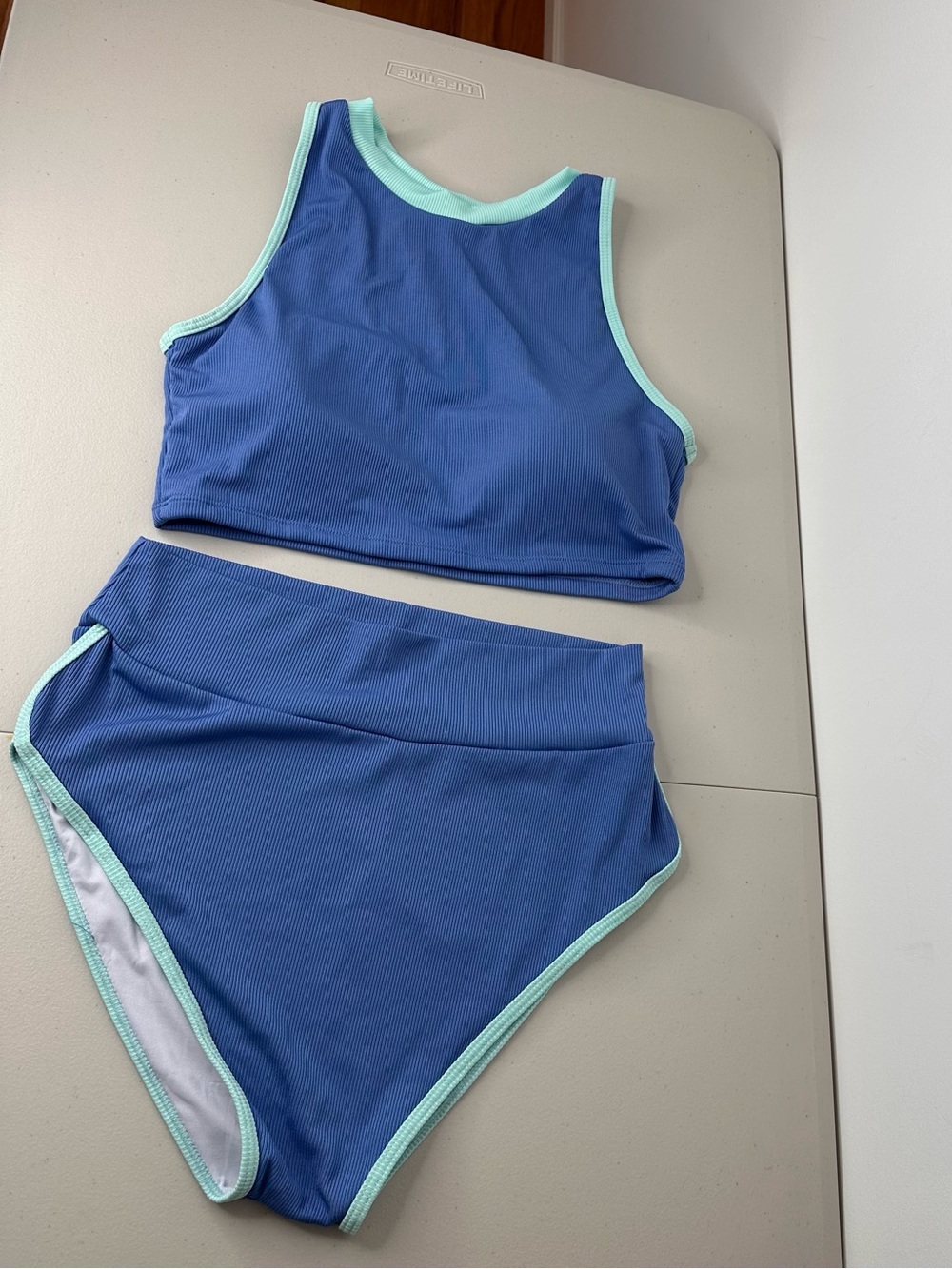 Women’s XL Blue Ribbed Two-Piece Swimsuit Swim Set NWOT